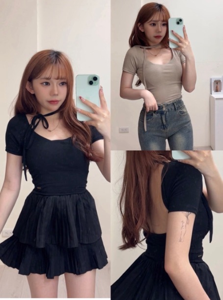 露背打底掛脖上衣（杏/黑色）