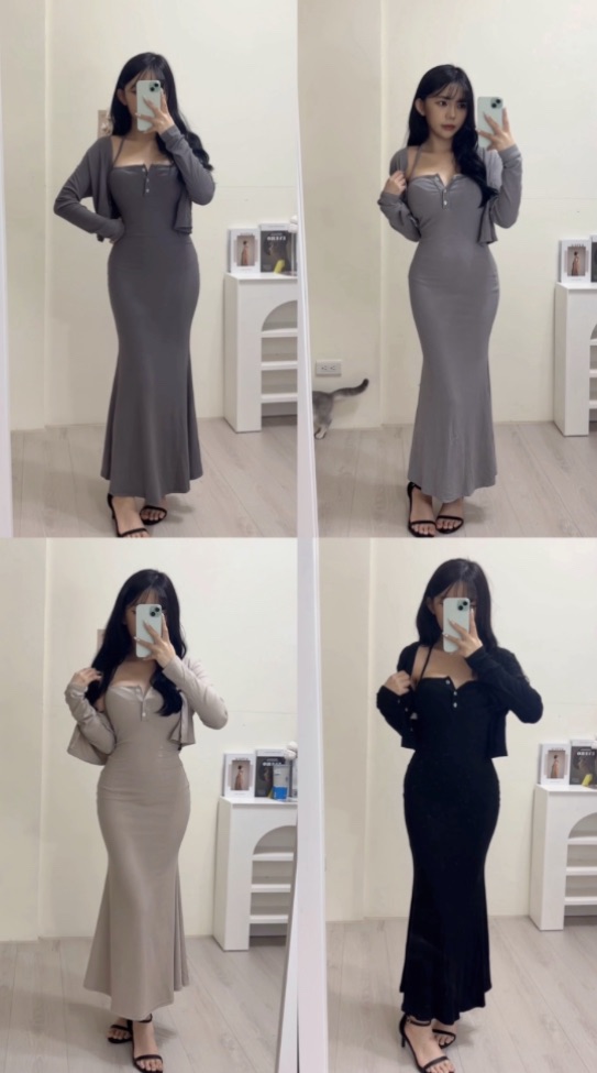 魚尾裙長洋+外套set（有胸墊）（黑/杏/炭灰）