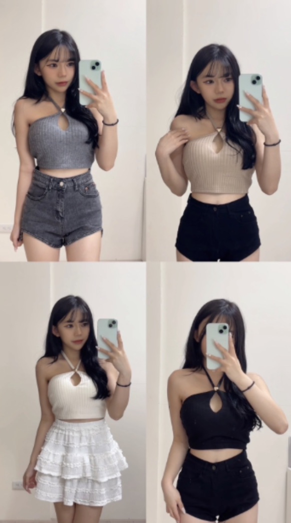 挖洞掛脖上衣（有胸墊）（黑/白/燕麥/灰）