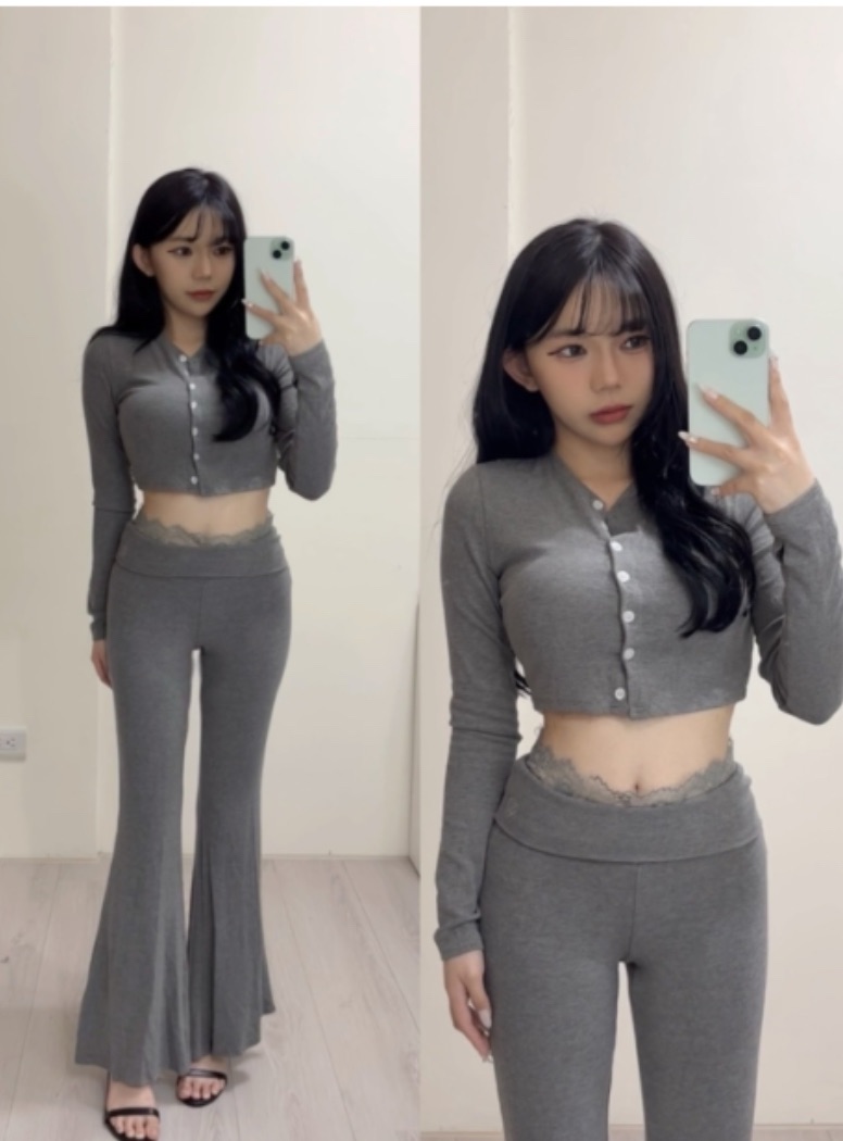 緊身長袖上衣+蕾絲收腰喇叭兩件套