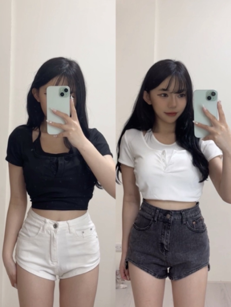 純欲假兩件掛脖上衣（白/黑）