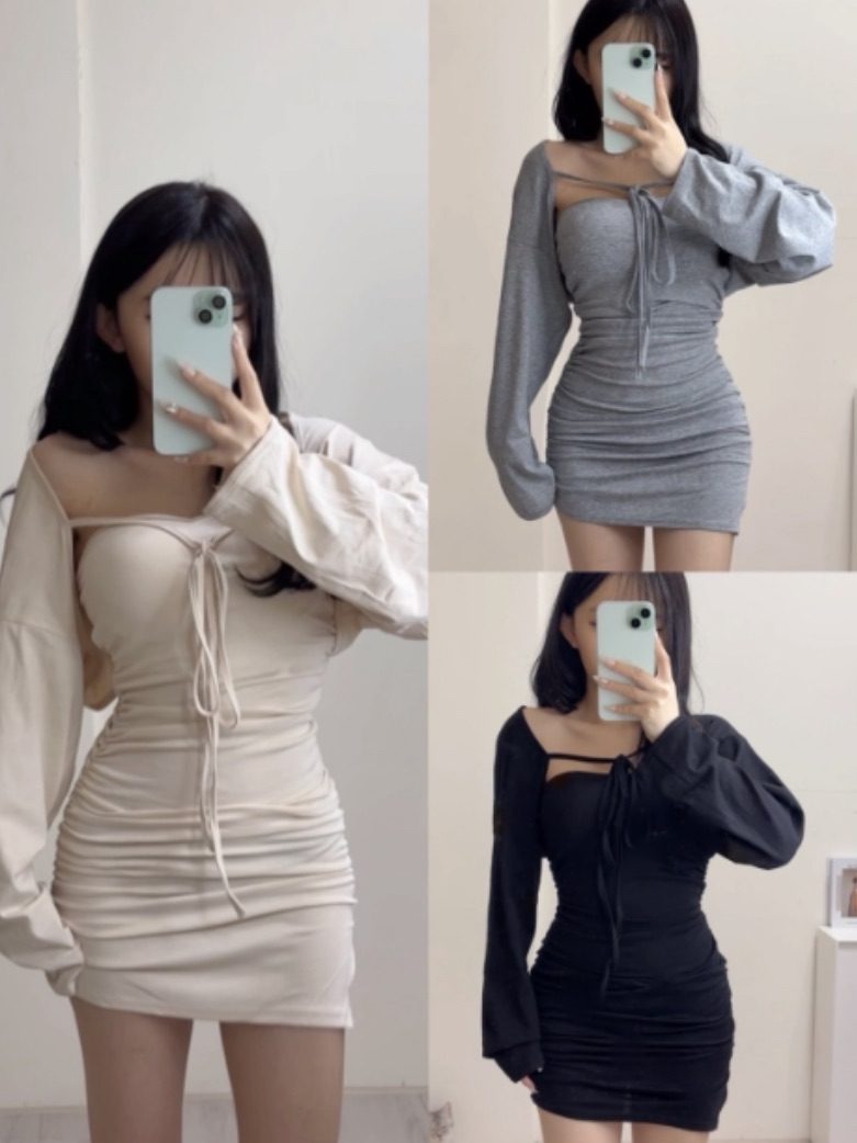 韓感拉滿包臀裙+罩衫set（有胸墊（灰/黑/杏色）