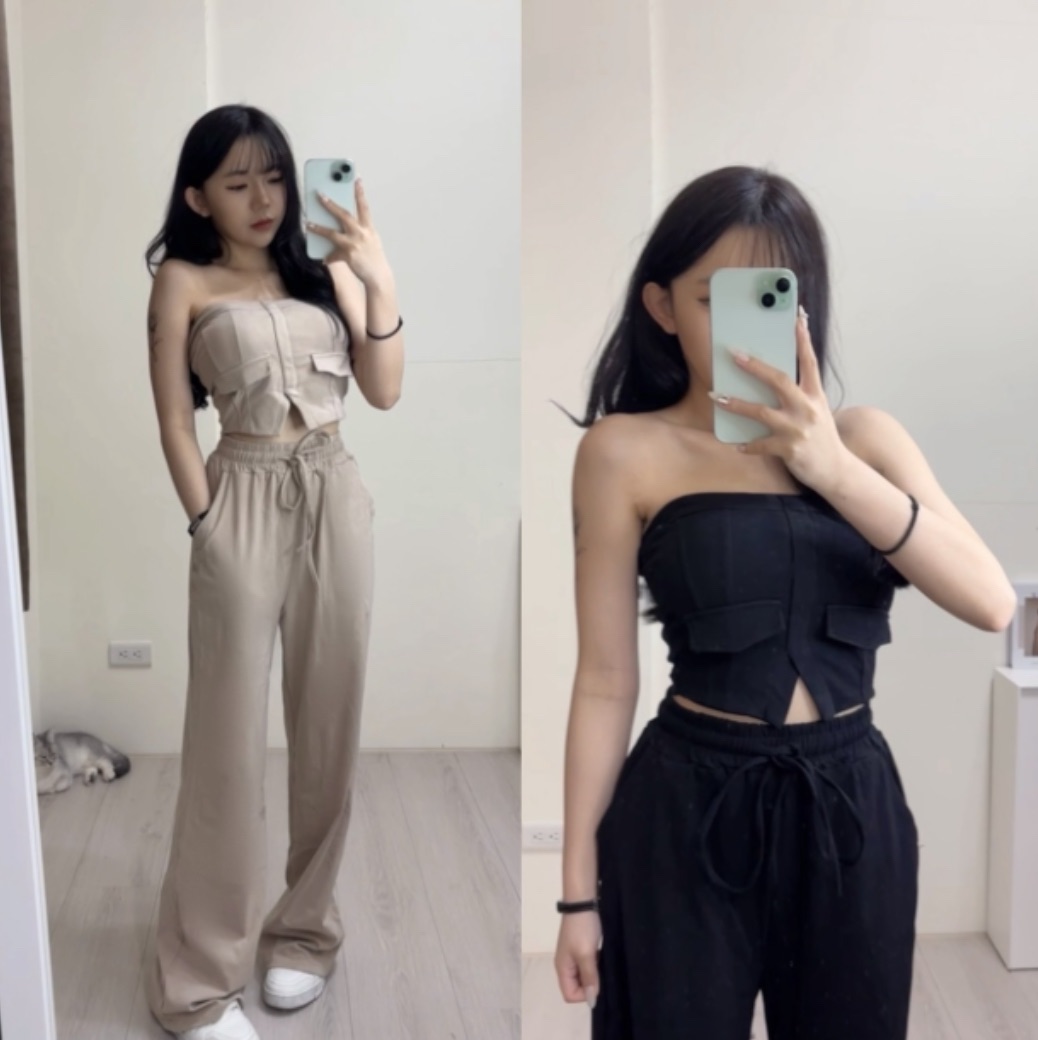 純欲辣妹抹胸＋高腰闊腿褲套裝（有胸墊）（杏/黑）