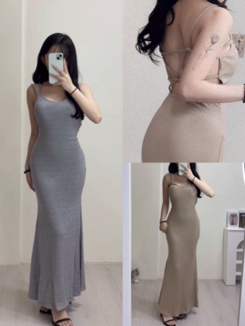 吸睛美背長洋（有胸墊）（卡/灰）