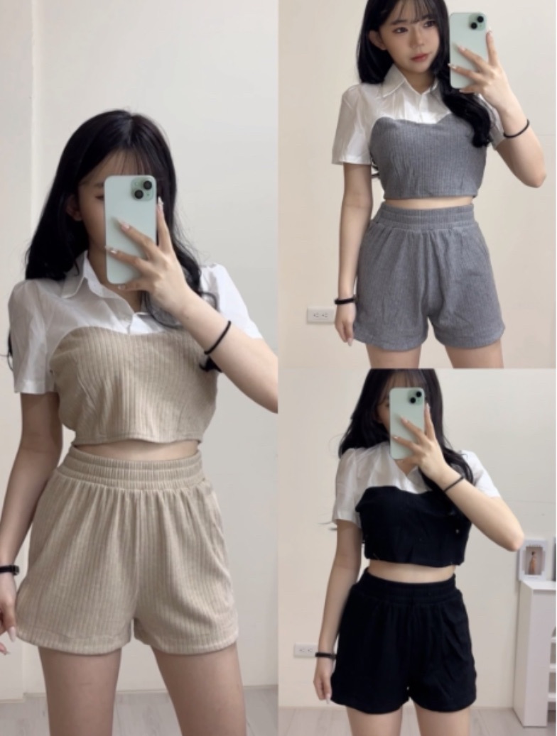 坑條接襯衫套裝（黑/灰/杏）