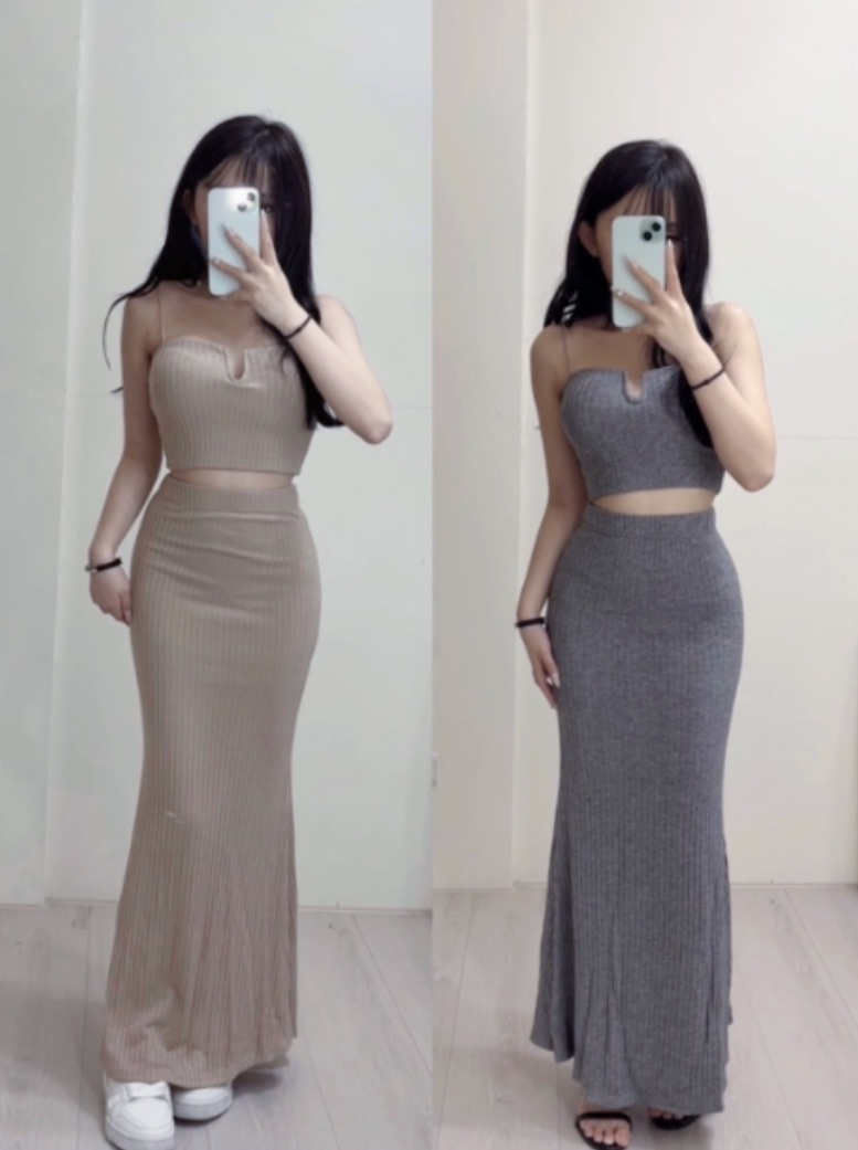 辣妹挖胸吊帶包臀魚尾長裙套裝（灰/杏）