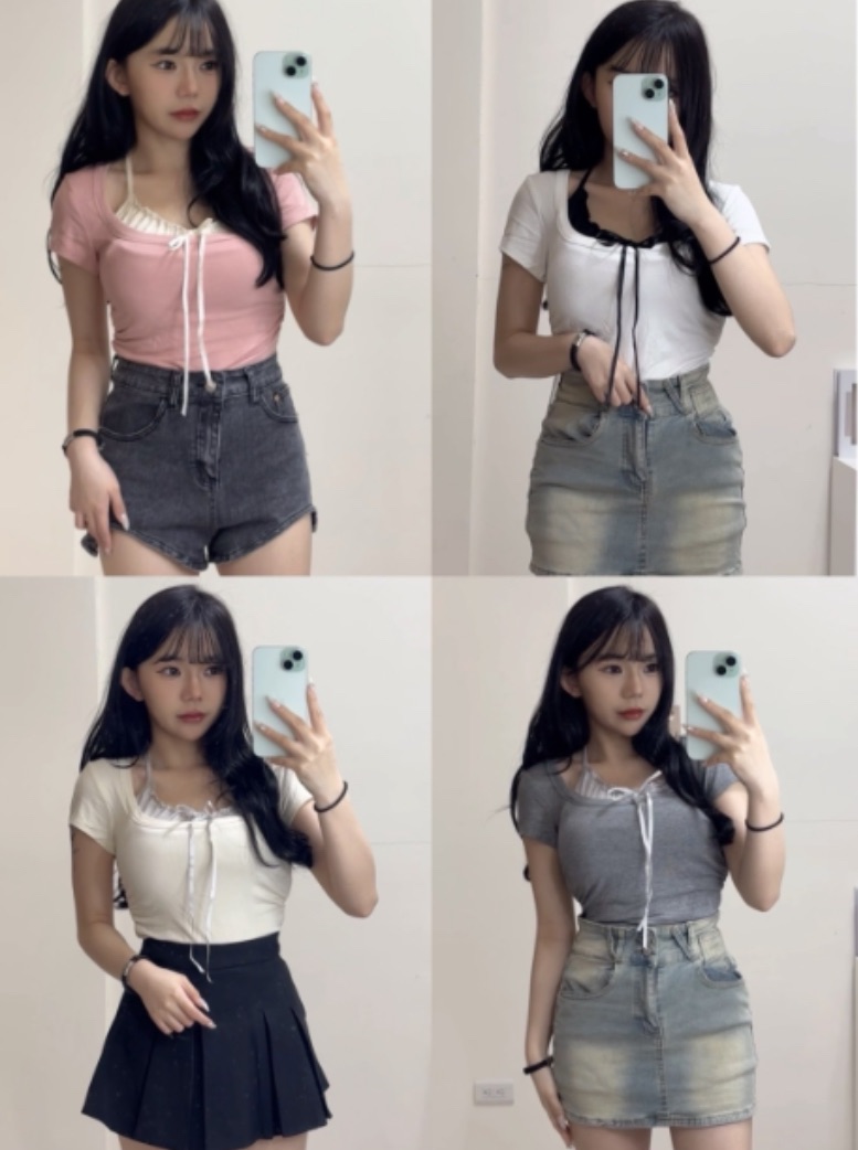 甜美掛脖吊帶蝴螺結上衣（粉/白/灰/黃）