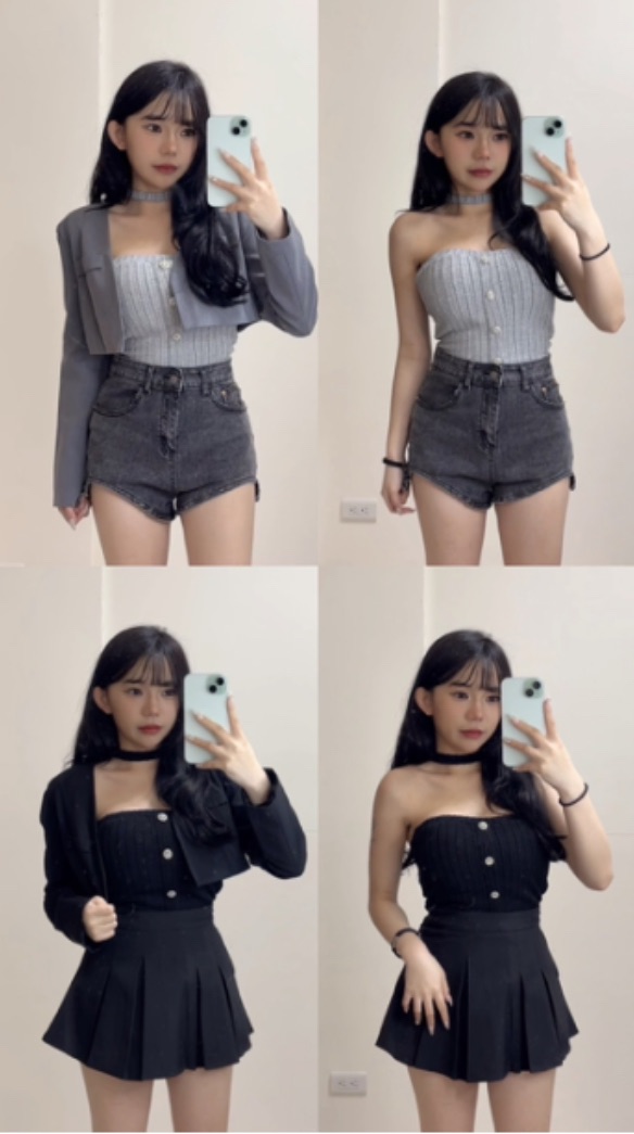 短版西裝外套+針織繞脖背心兩件套（有胸墊）（藍/黑）