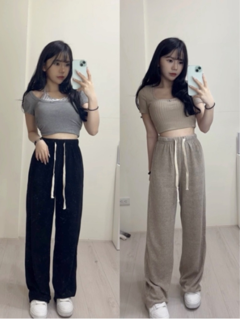 寬松垂感高腰抽繩糯闊腿褲（杏/黑）