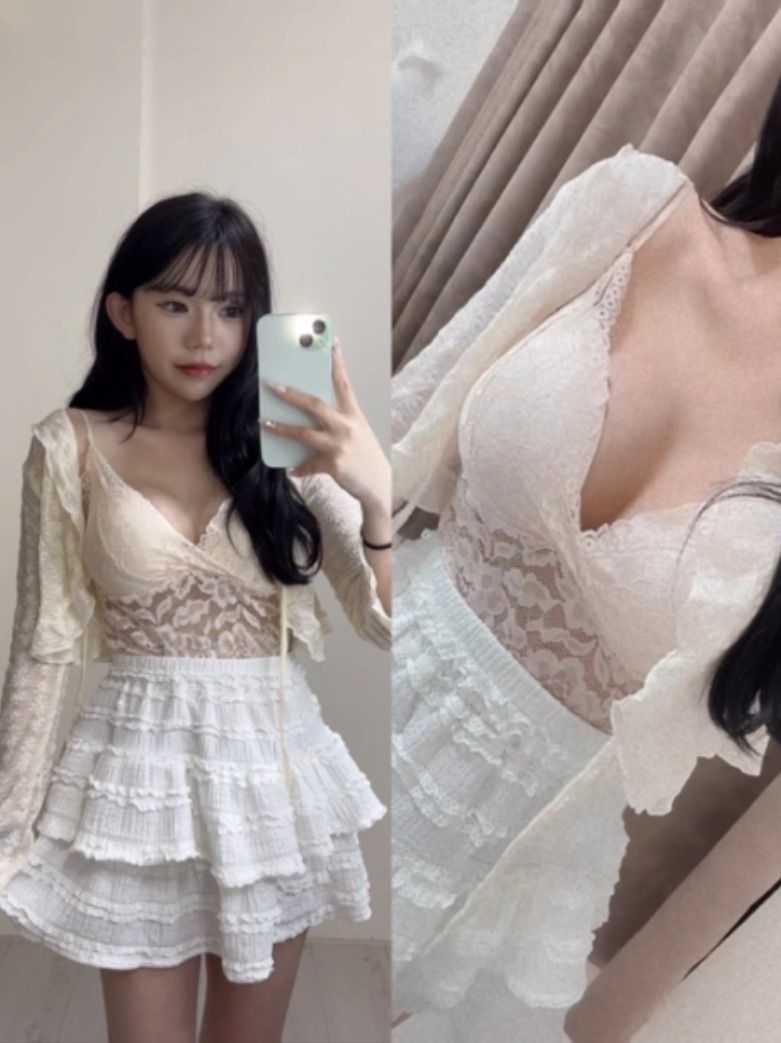 纯欲风蕾丝抹胸背心+罩衫（可拆買）（有胸墊）（背心顏色：奶白/黑色/香檳色）