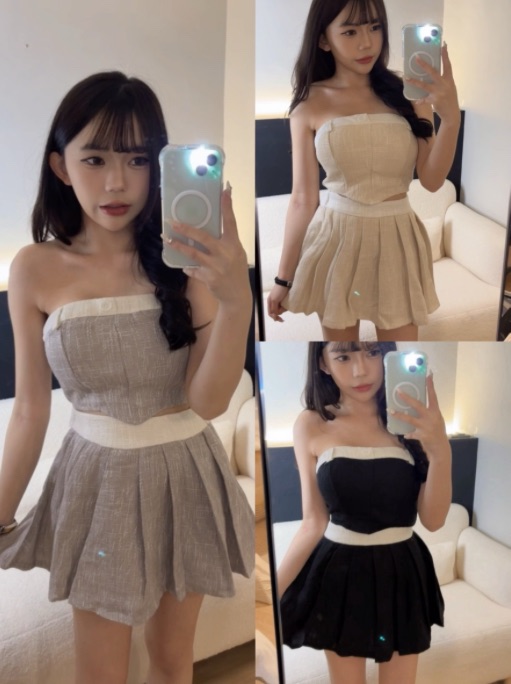 小香風百褶套裝（有胸墊）（黑/杏/燕麥）