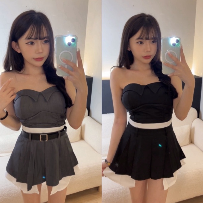 抹胸+拼接百褶裙兩件套（有胸墊）（附皮帶）（黑/灰）