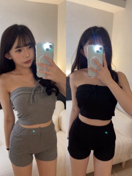 平口抹胸短褲套裝（有胸墊）（黑/灰）