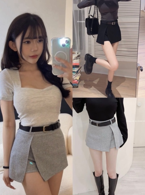 寶藏百搭高腰側開叉a字褲裙（附皮帶）（灰/黑）