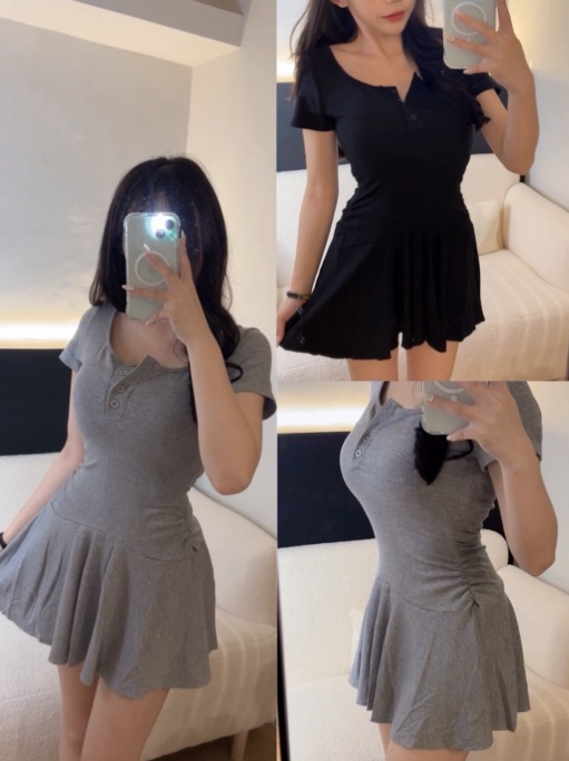 彈力原色開扣合身短洋裝（附同色短褲）（灰/黑）