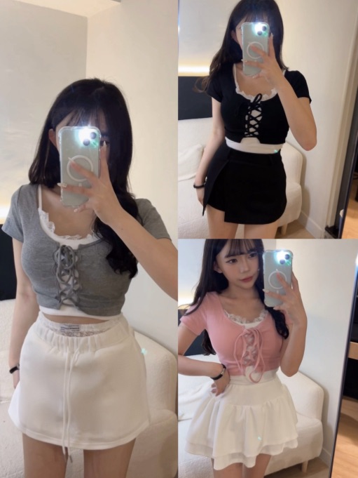 甜美罩衫+蕾絲背心兩件套（有胸墊）（粉/灰/黑）