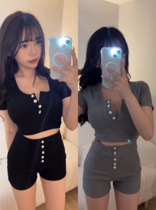 休閒排扣短褲套裝（黑/灰色）