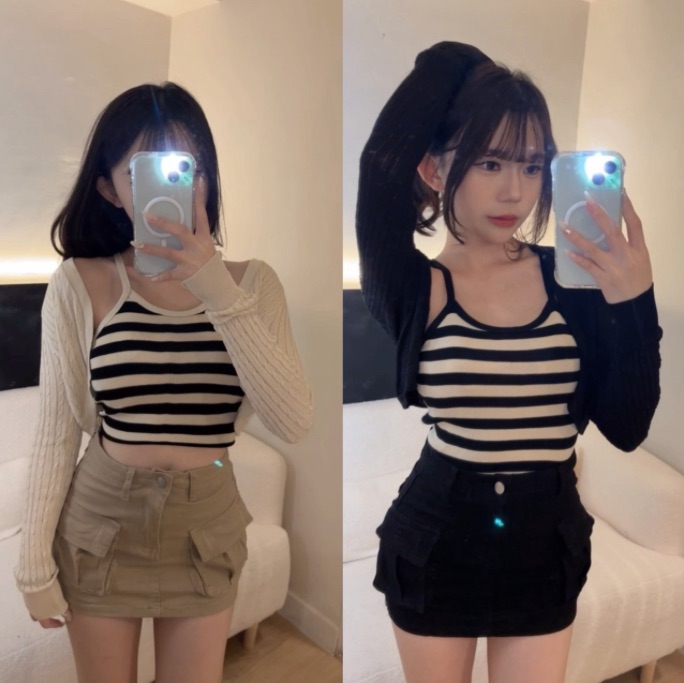 條紋背心+薄針織外罩（黑/杏）