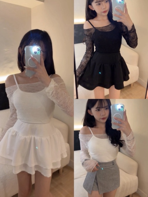 純欲蕾絲透膚兩件套（有胸墊）（白/黑）