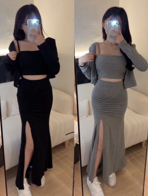 氣質三件套 細肩背心+開叉魚尾+外套（有胸墊）（灰/黑）