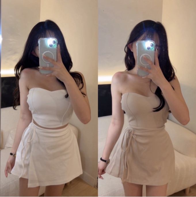 桃心領胸墊背心+綁繩裙set（有胸墊）（白/杏）