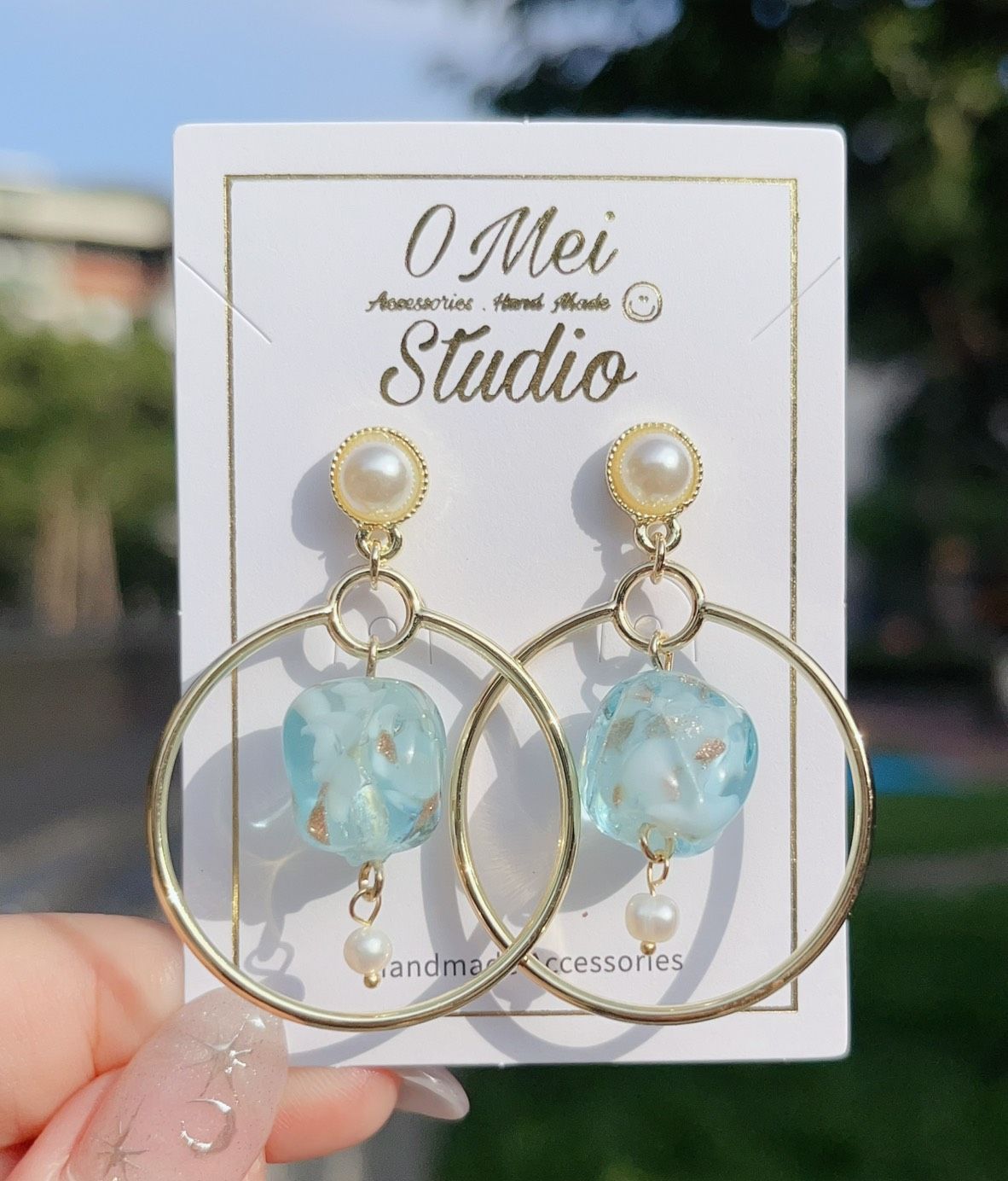 手作耳環-珍珠金圈琉璃金箔珠耳環