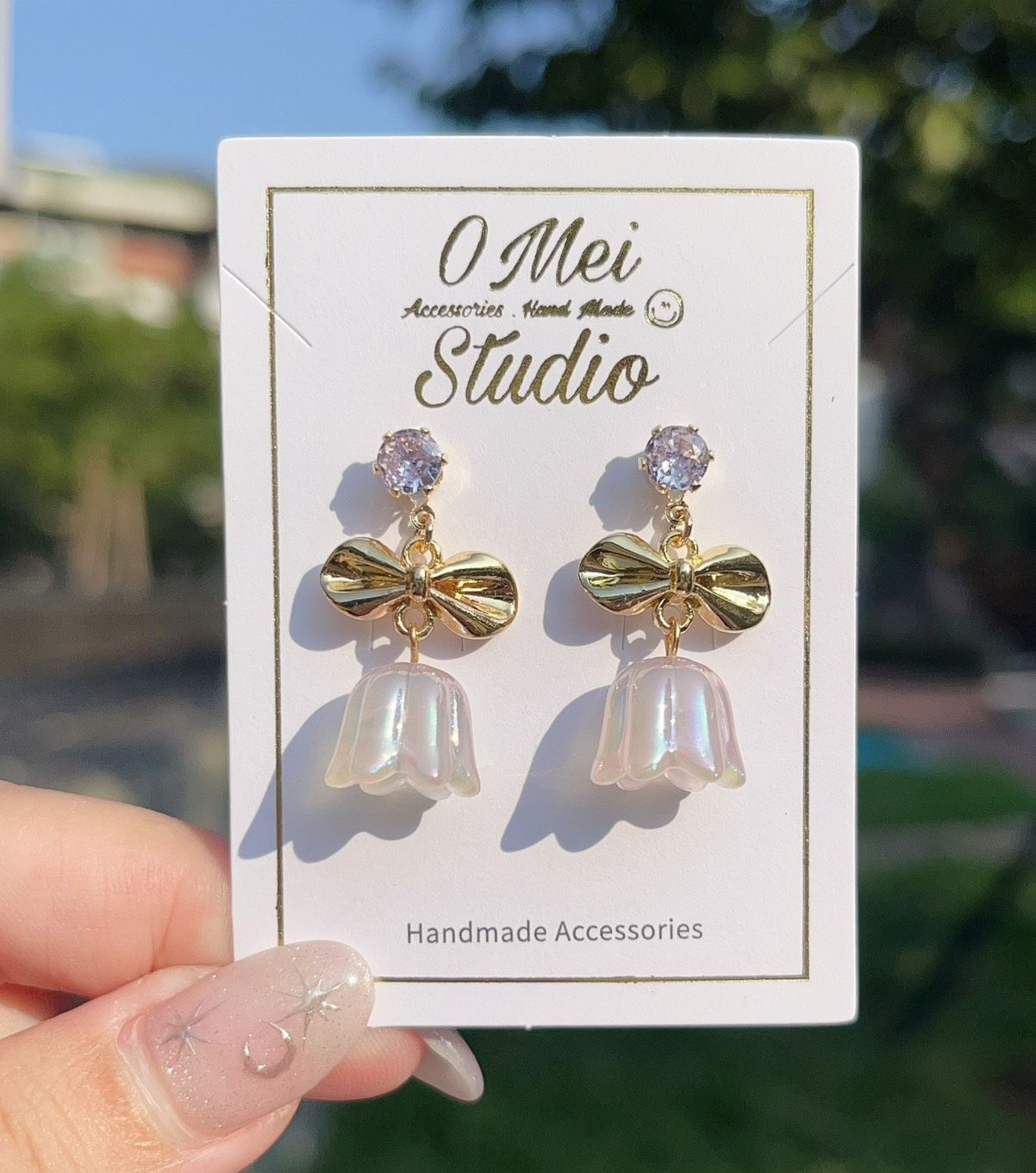 手作耳環-鋯石蝴蝶結鈴蘭花珠耳環