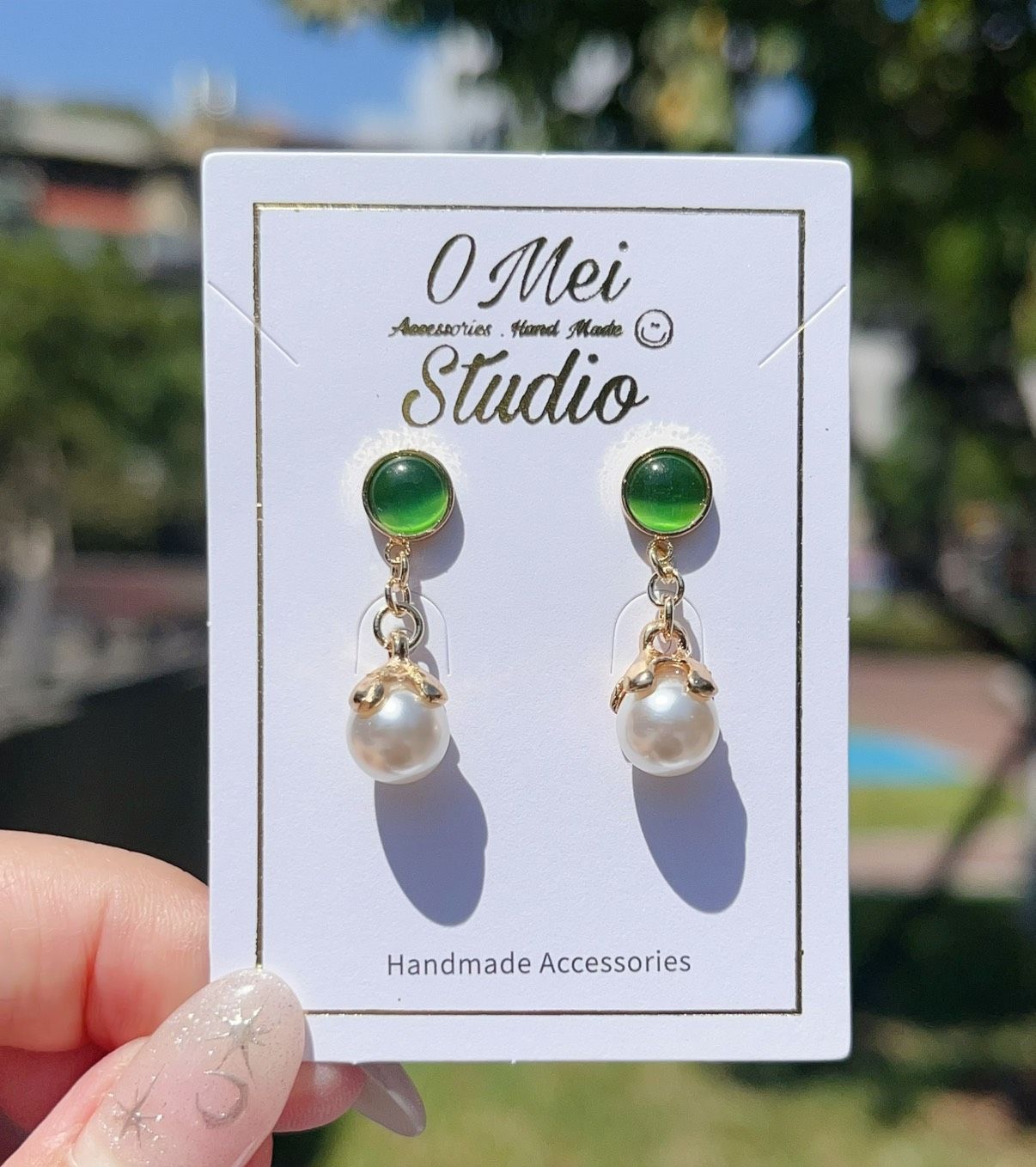 手作耳環-綠貓眼仿珍珠耳環