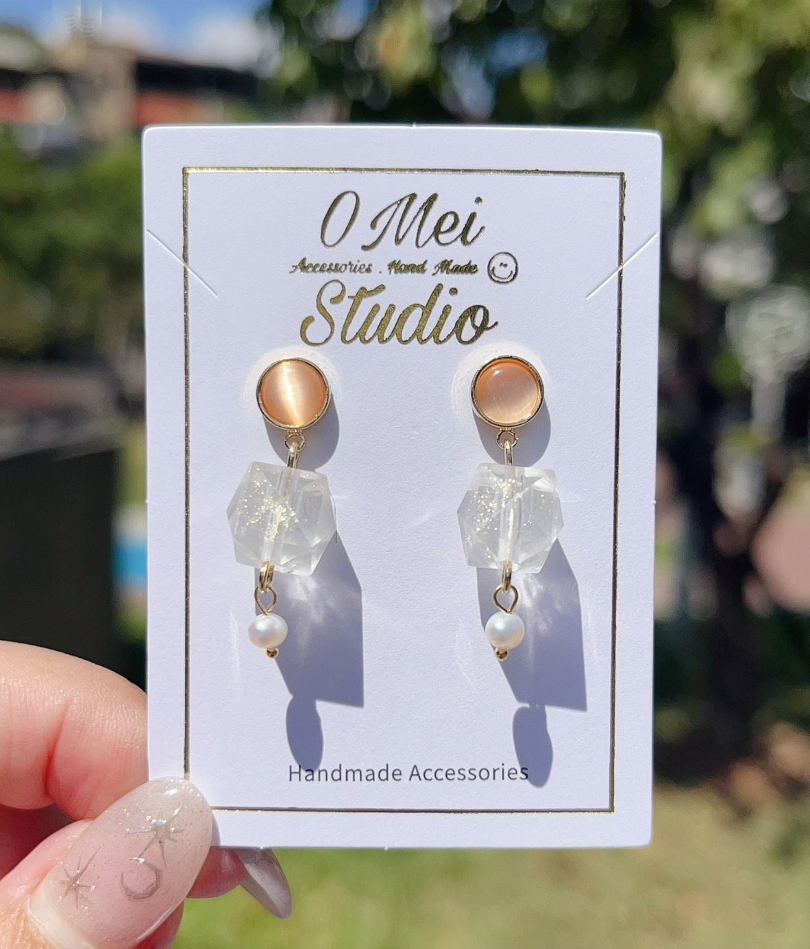 手作耳環-橘色貓眼金箔方糖珠耳環