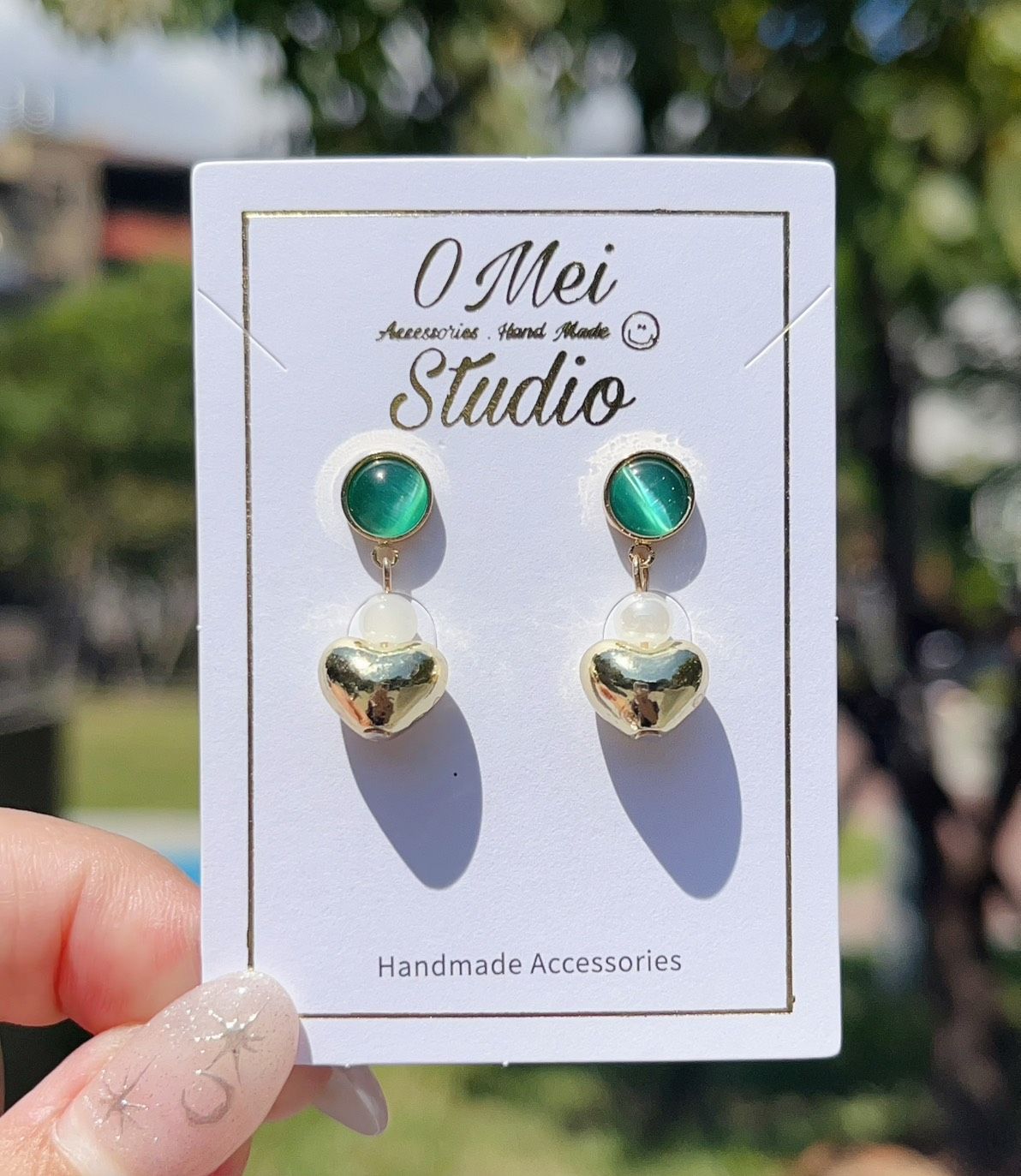 手作耳環-孔雀綠貓眼愛心耳環