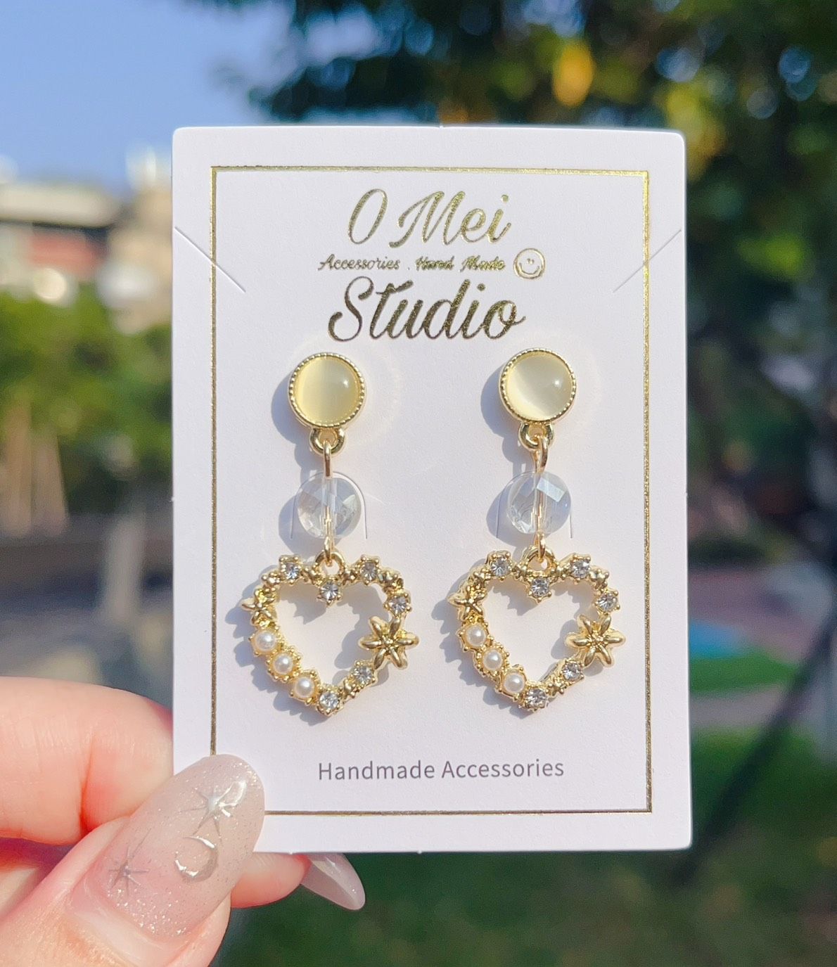 手作耳環-淡黃貓眼愛心吊墜耳環