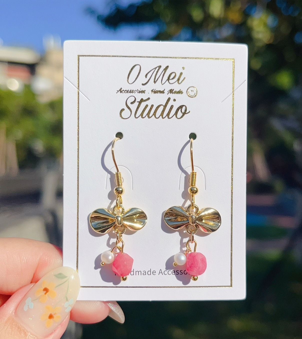 手作耳環-蝴蝶結紅紋石淡水珍珠耳環