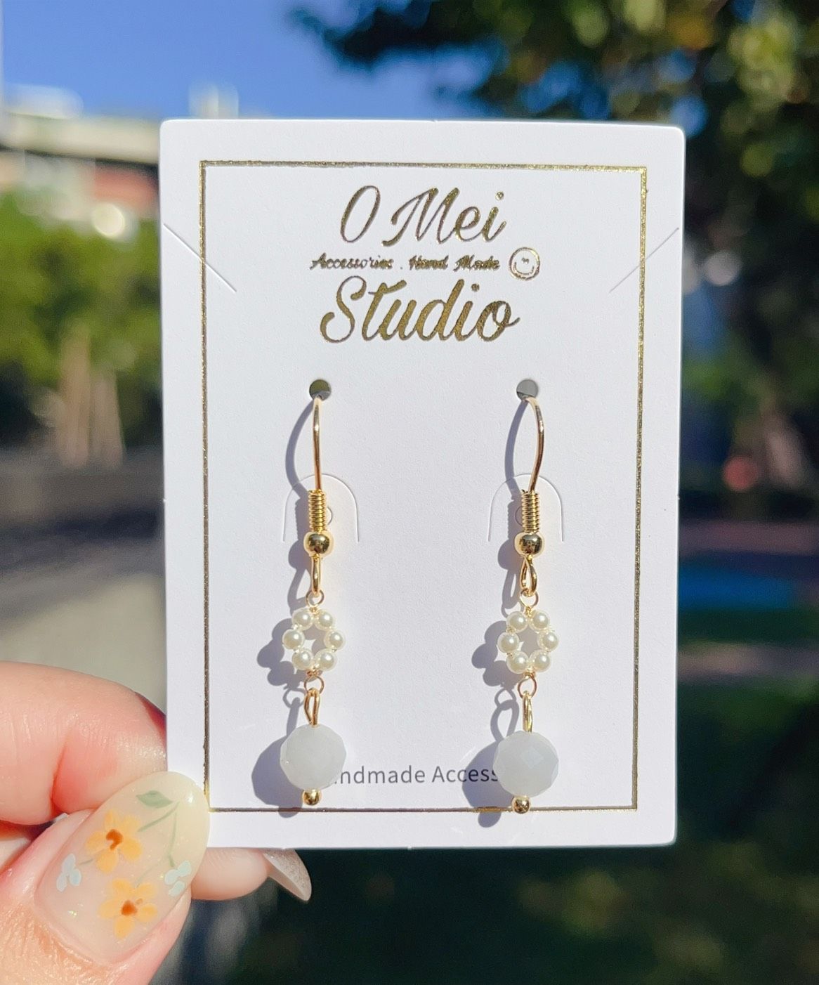 手作耳環-仿珍珠花圈海藍寶耳環