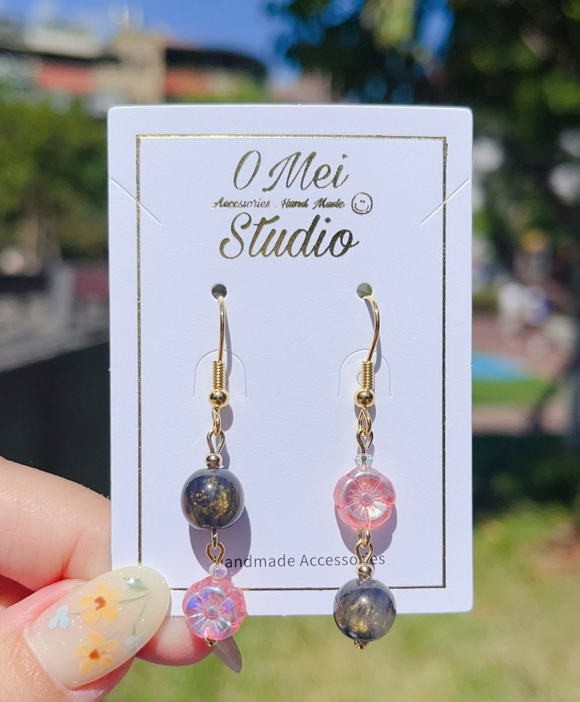 手作耳環-流金沙珠粉紅捷克珠花花耳環