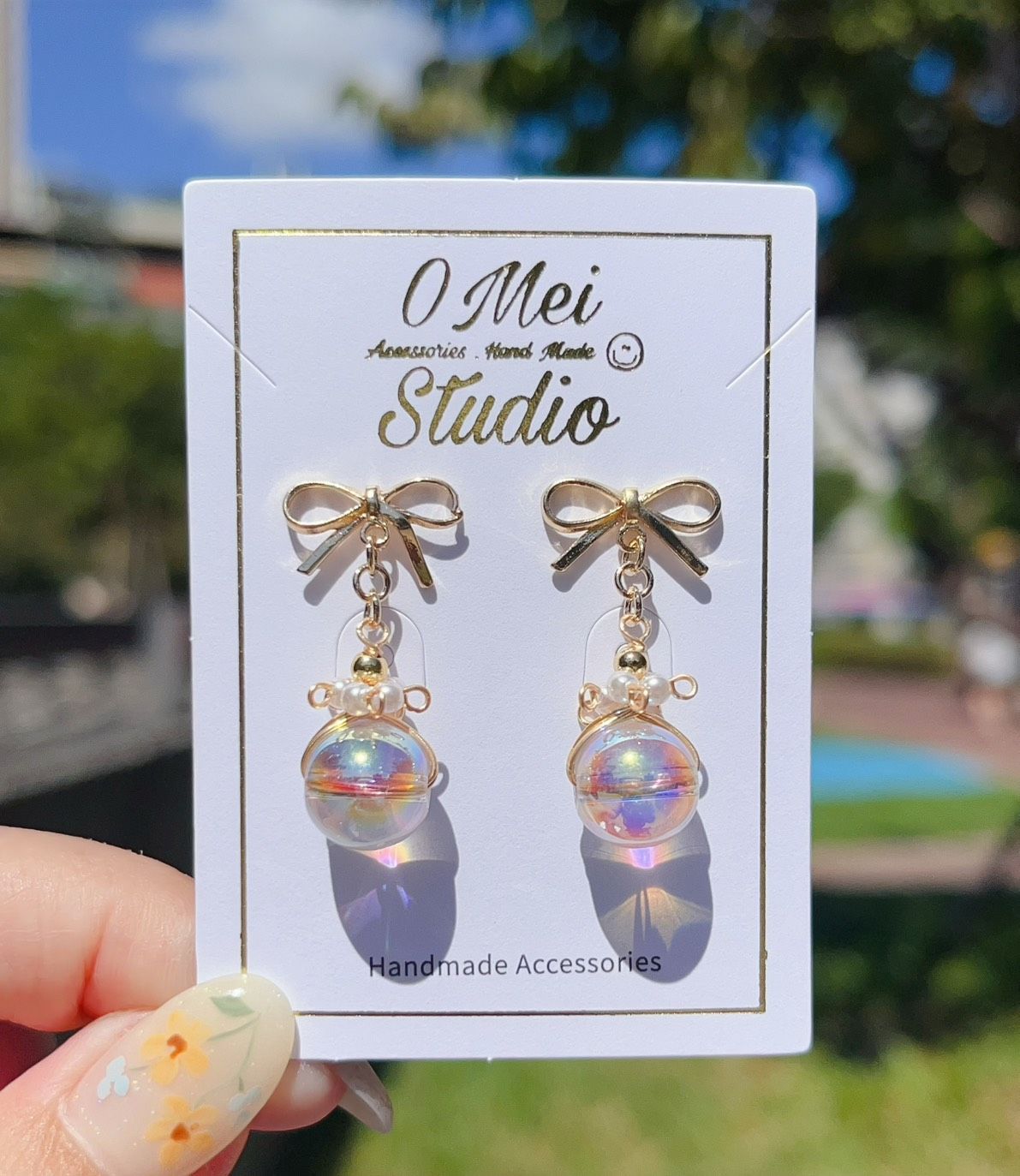 手作耳環-蝴蝶結絢彩玻璃球耳環