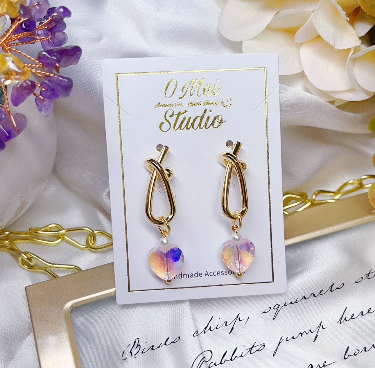 手作耳環-繩結切面粉色愛心耳環