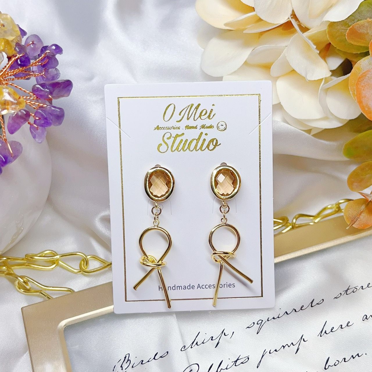 手作耳環-仿茶晶繩結耳環