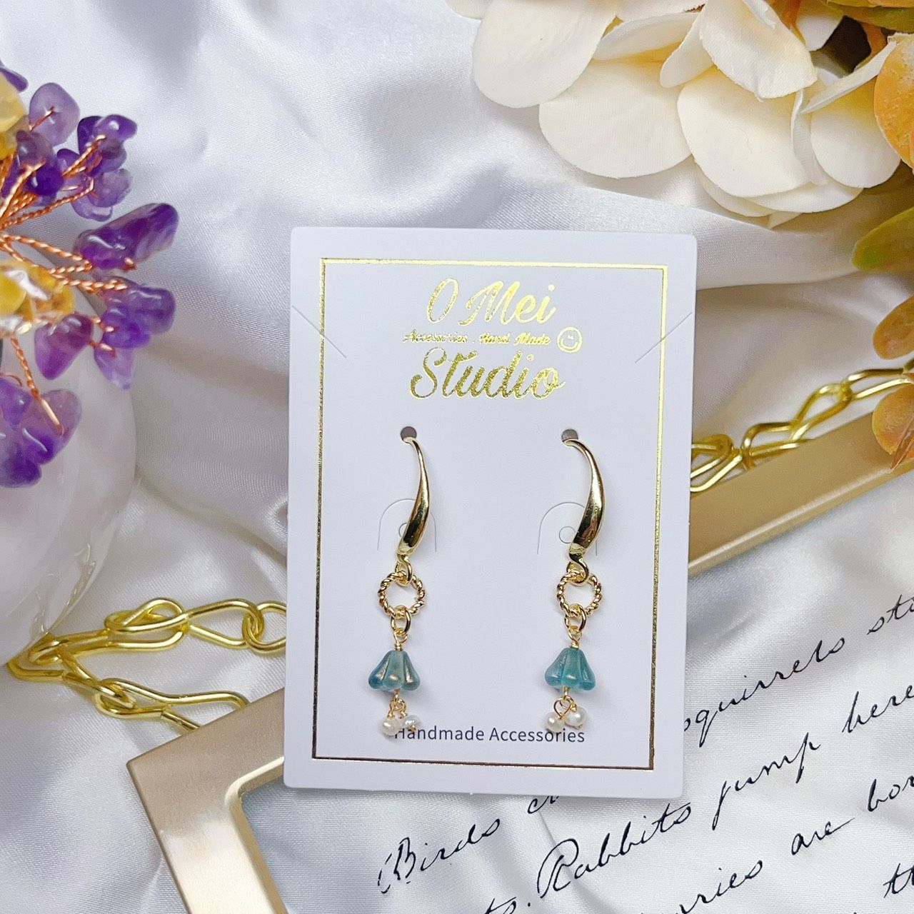 手作耳環-法式耳針古典綠捷克花珠耳環