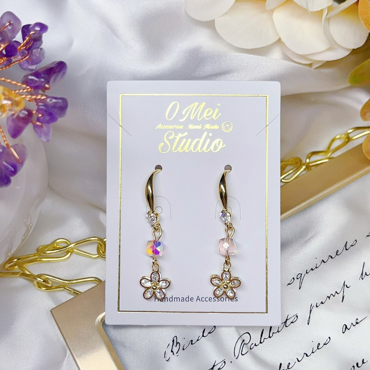 手作耳環-法式耳針鋯石小花花耳環