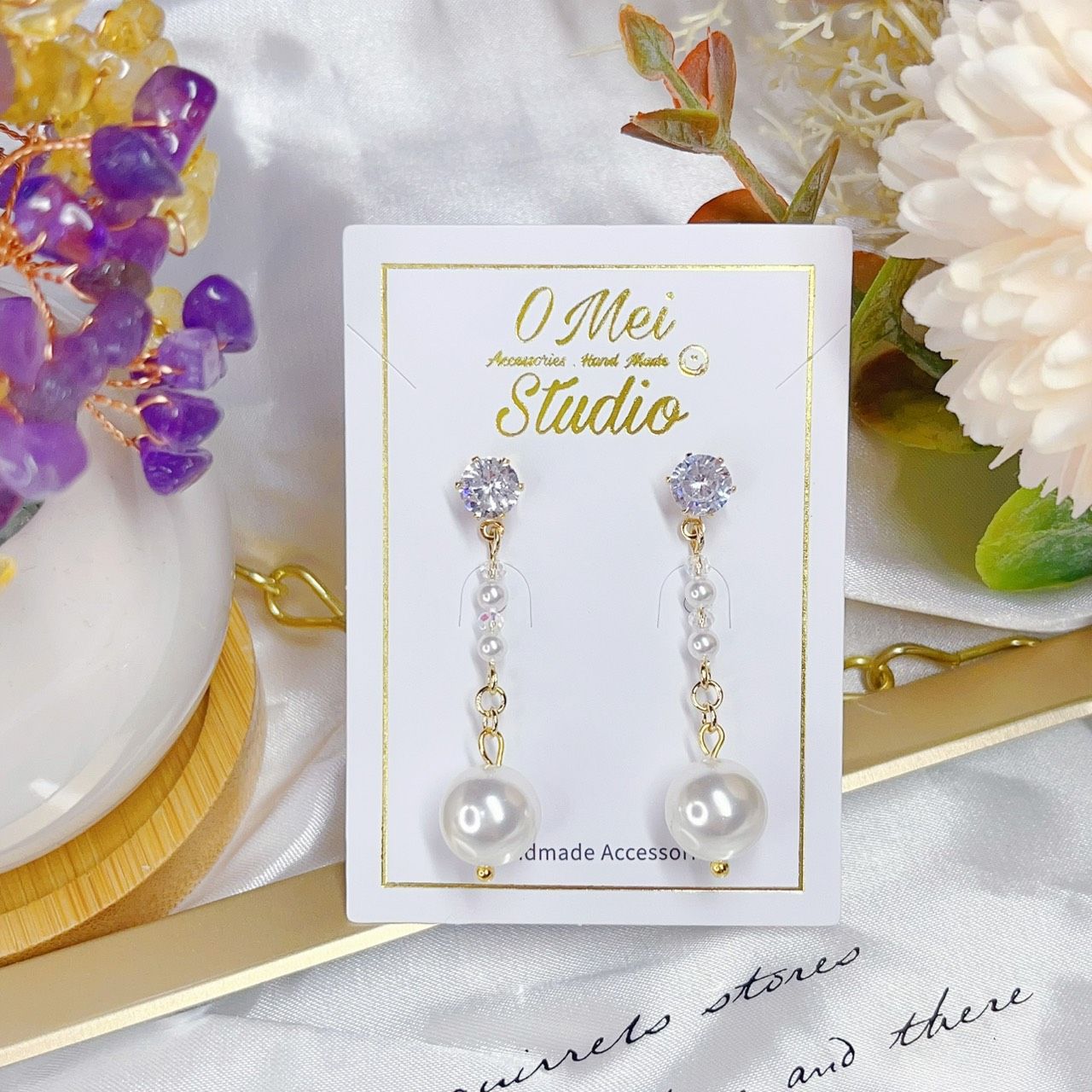 手作耳環-鋯石優雅貝殼珠耳環