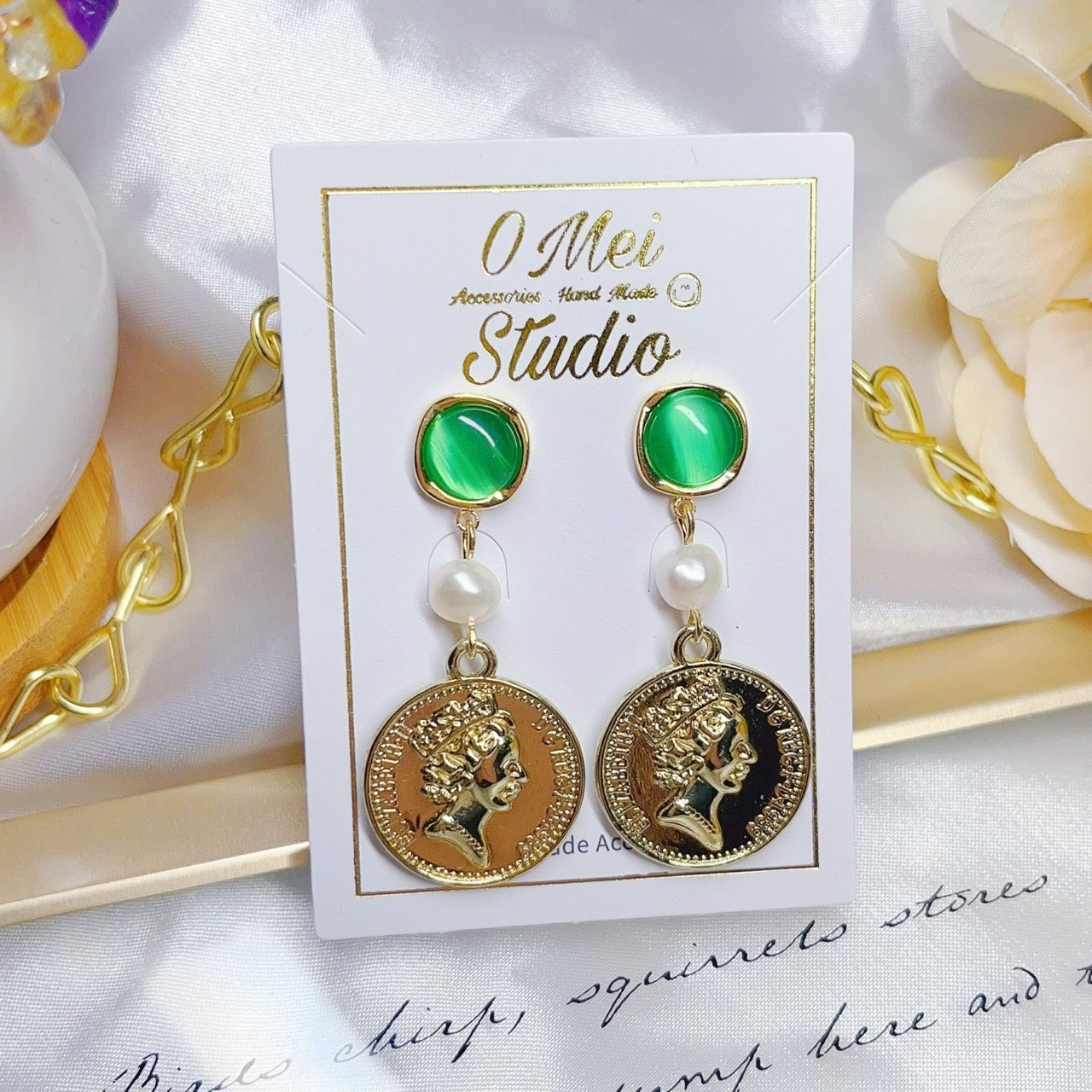 手作耳環-綠色貓眼淡水珍珠女王吊墜耳環