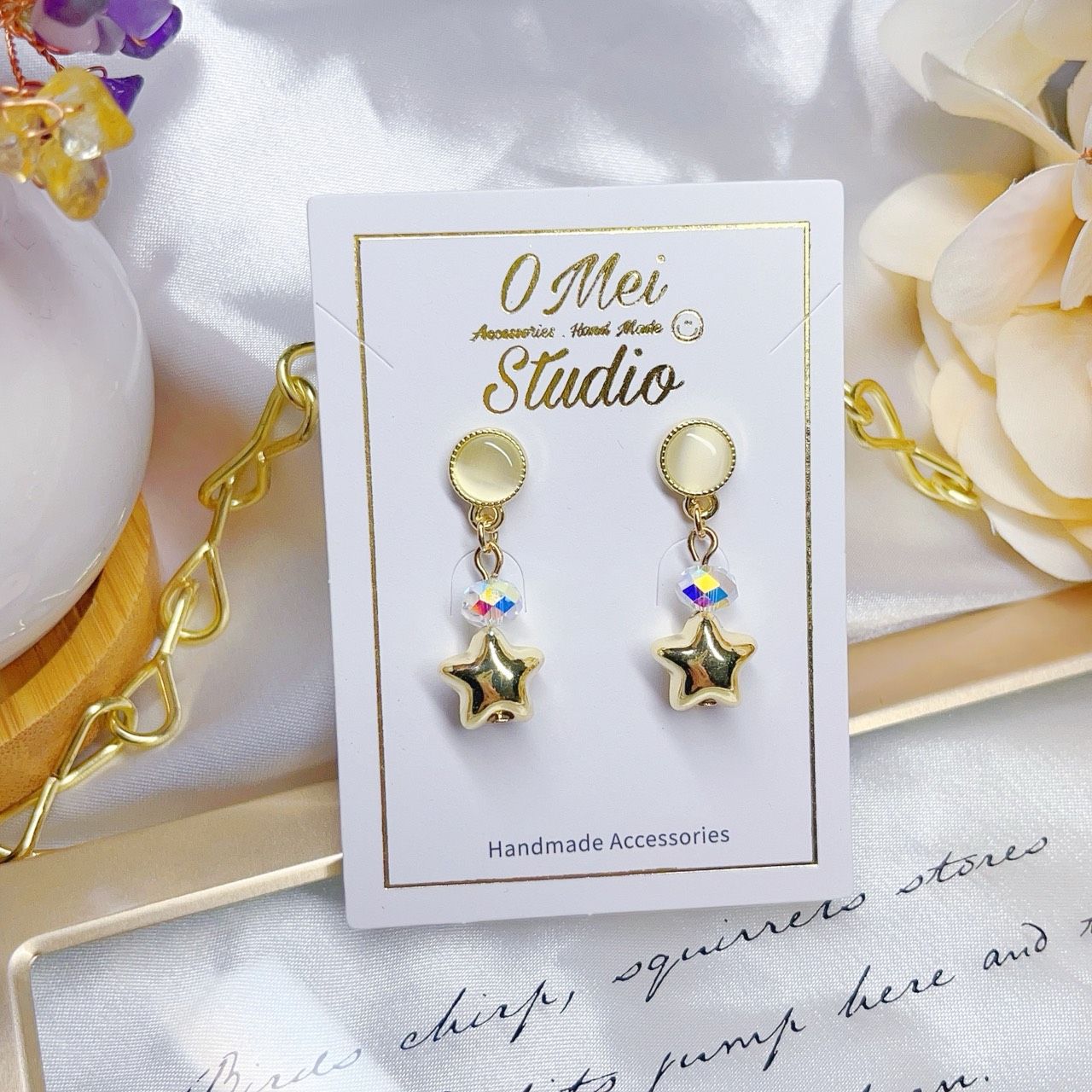 手作耳環-淡黃貓眼彩珠星星耳環