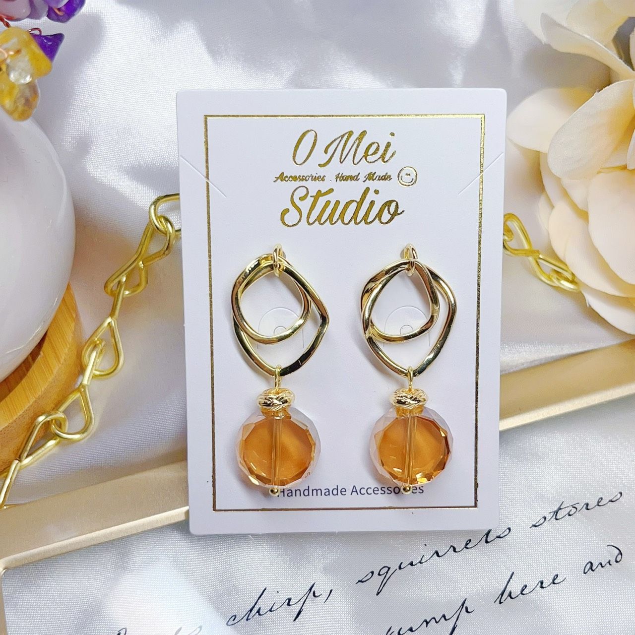 手作耳環-琥珀切面水晶不規則方框耳環
