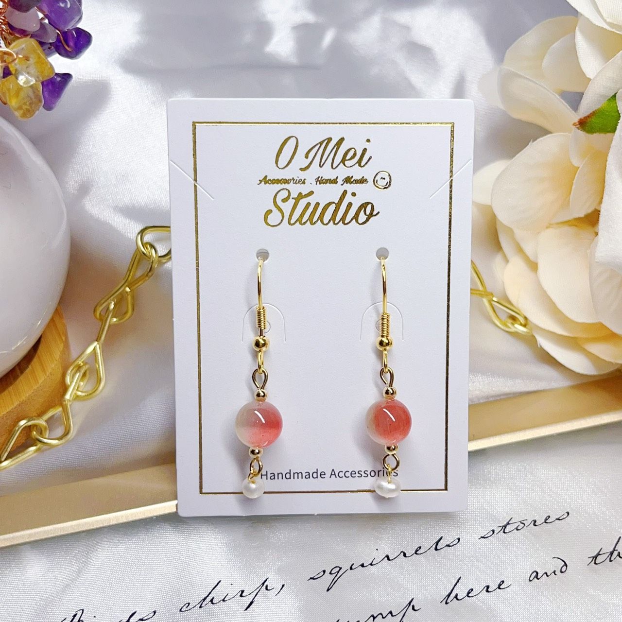 手作耳環-胭脂紅黃漸層圓珠淡水珍珠耳環