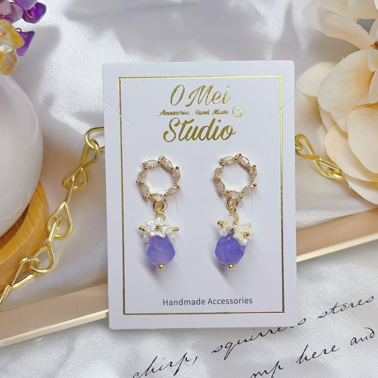 手作耳環-鋯石花圈藍紫切面珠花花耳環