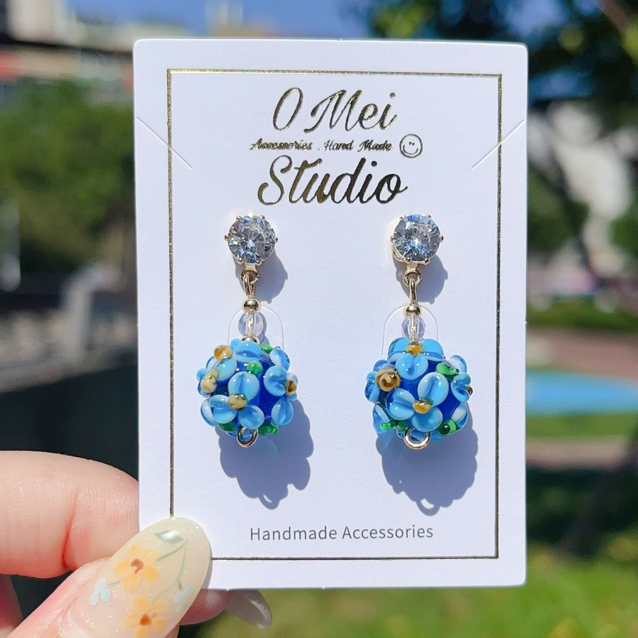 手作耳環-鋯石藍色繡球花珠耳環