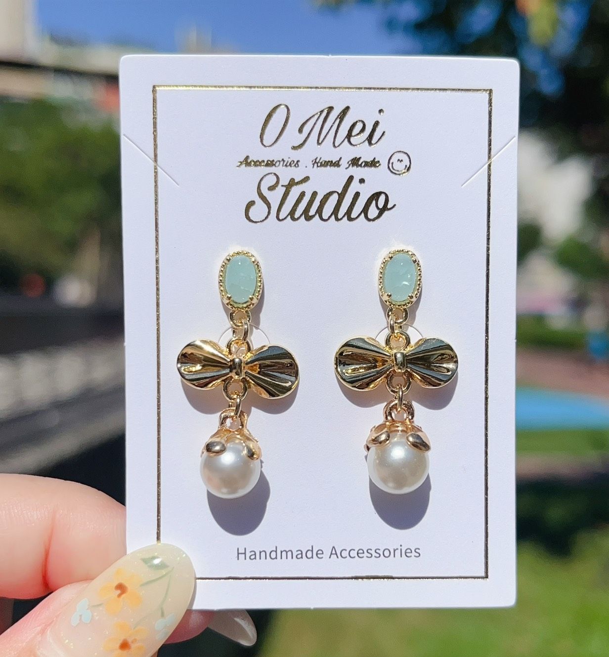 手作耳環-淡藍蝴蝶結仿珍珠耳環