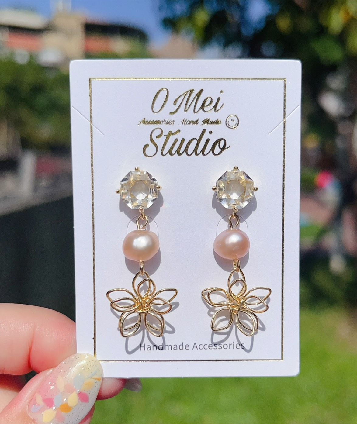 手作耳環-粉紫珍珠線條花花耳環