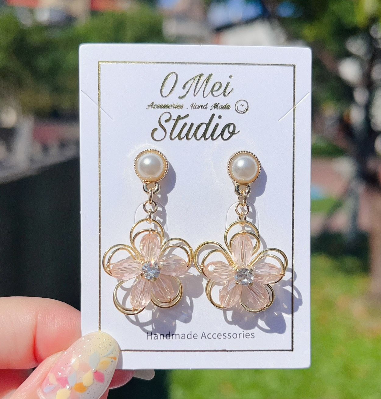 手作耳環-仿珍珠粉色櫻花耳環