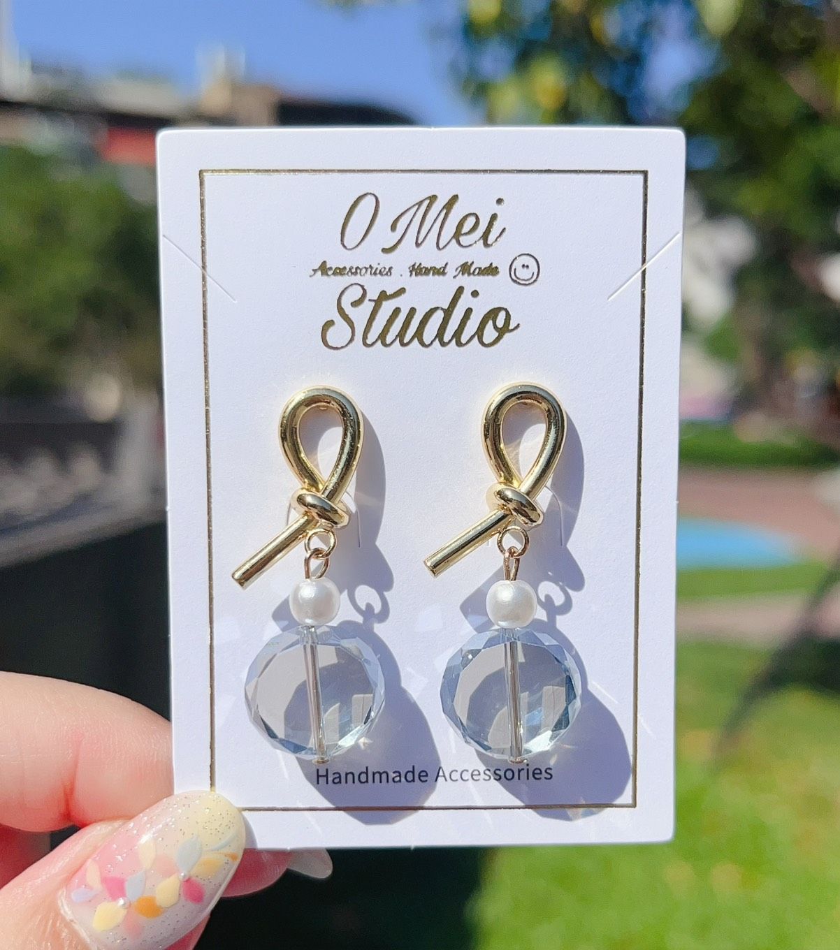 手作耳環-繩結透藍切面玻璃珠耳環